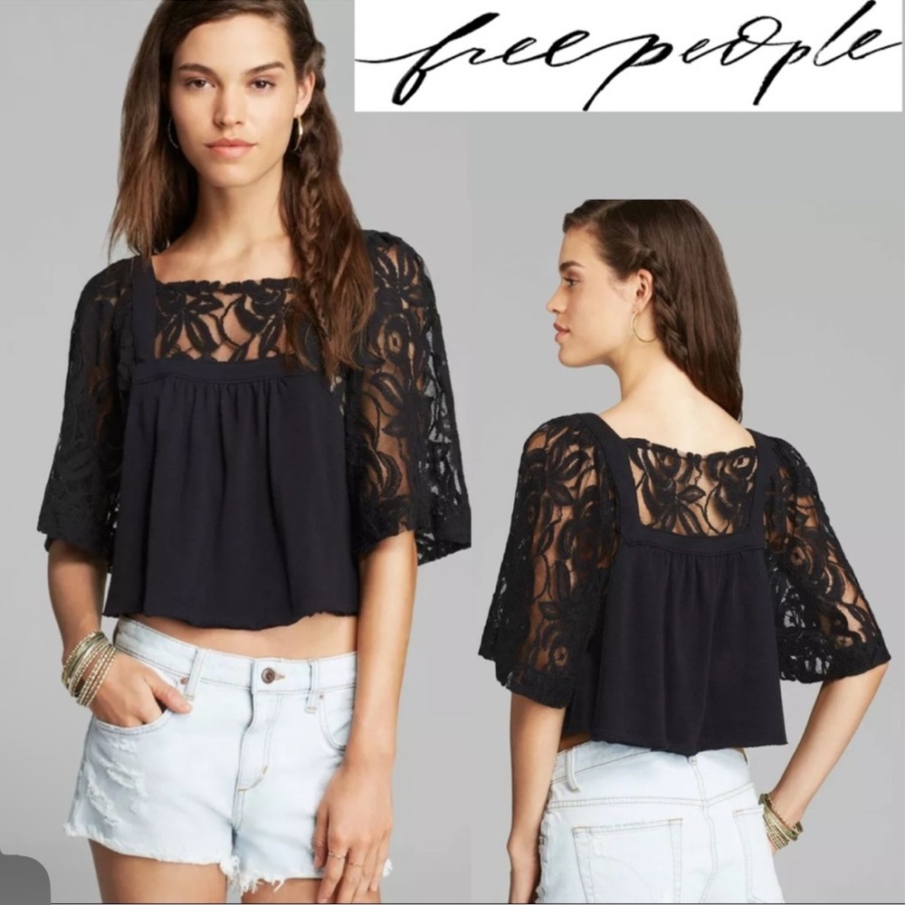 We The Free Black Lace Square-Neck Crop Top